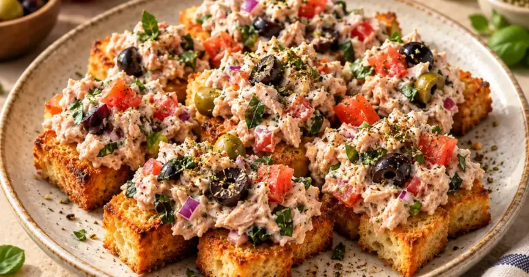 Mediterrane tonijn-toastsalade met olijf en oregano op geroosterd brood