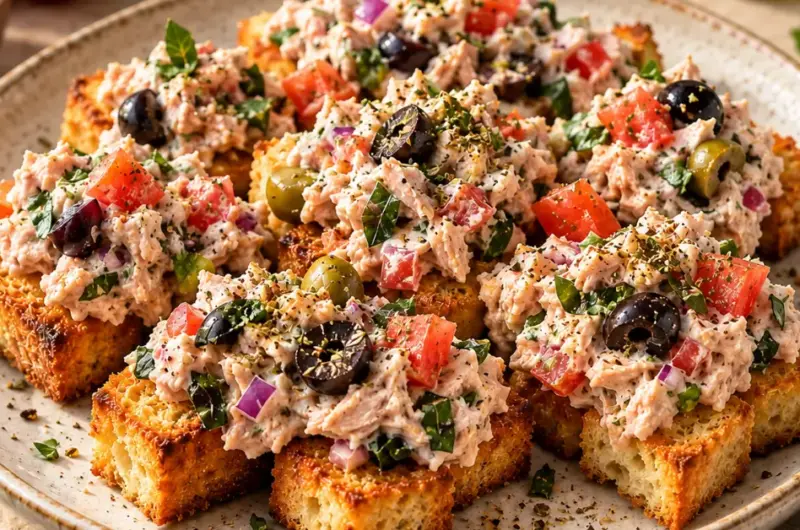 Mediterrane tonijn-toastsalade met olijf en oregano