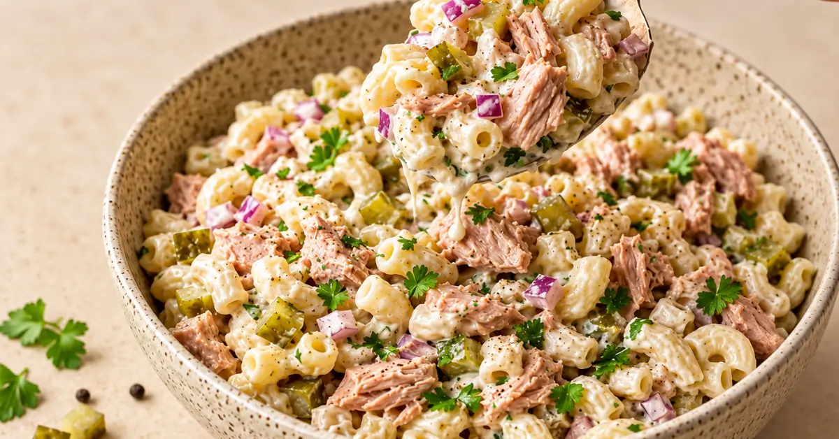 Macaroni tonijnsalade in een kom met verse peterselie