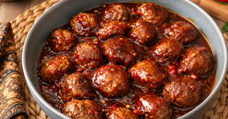 Indische balletjes in ketjap saus op een bord met rijst