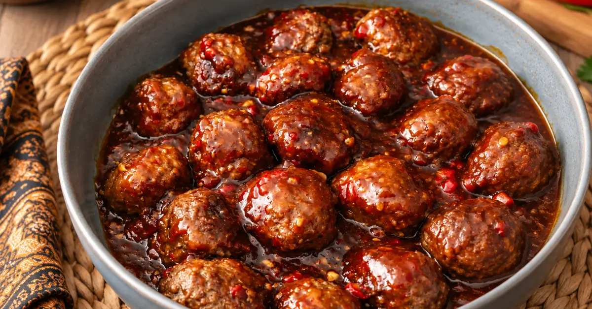 Indische balletjes in ketjap saus op een bord met rijst