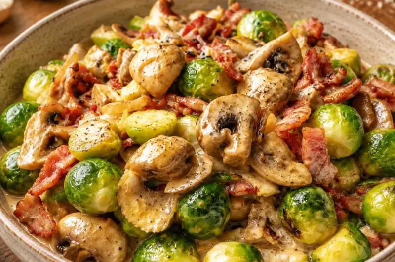 Romige spruitjes met champignons, parmezaan en spekjes