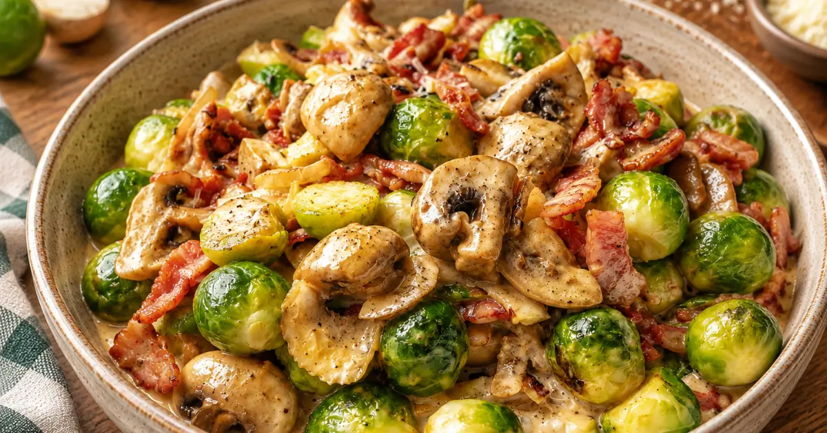 Romige spruitjes met champignons, parmezaan en spekjes in een pan