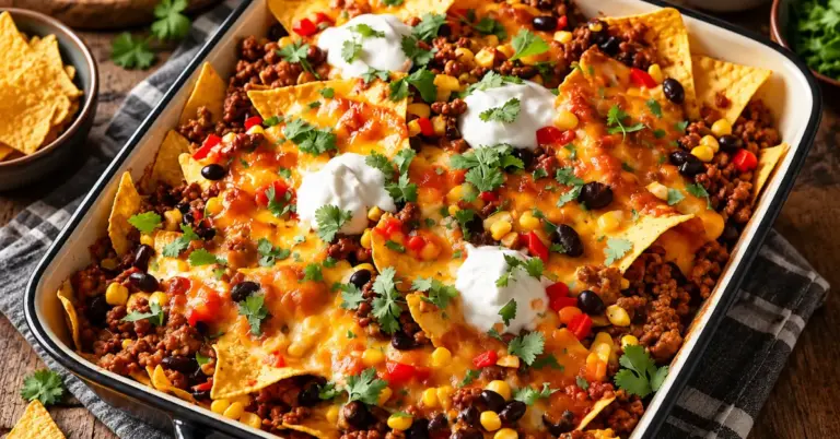 Mexicaanse nacho-ovenschotel met gehakt en bonen uit de oven