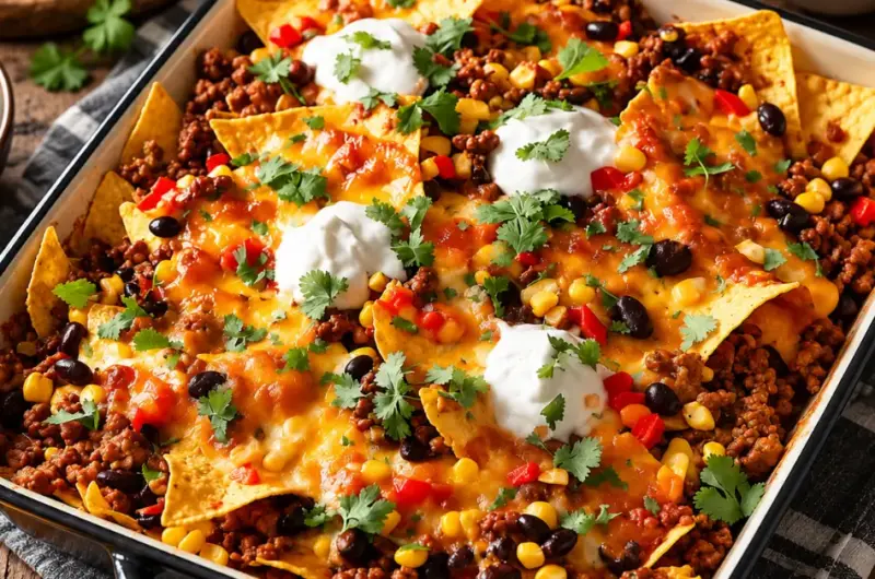 Mexicaanse nacho-ovenschotel met gehakt en bonen