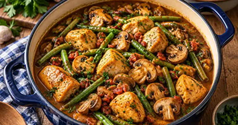 Jachtsauspannetje met kip, sperziebonen en champignons in een hapjespan