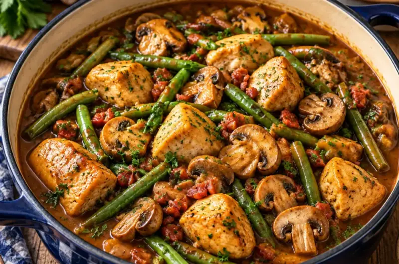 Jachtsauspannetje met kip, sperziebonen en champignons