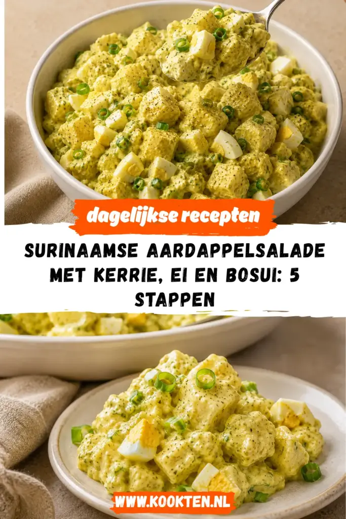 SURINAAMSE AARDAPPELSALADE MET KERRIE, EI EN BOSUI receptfoto van het gerecht