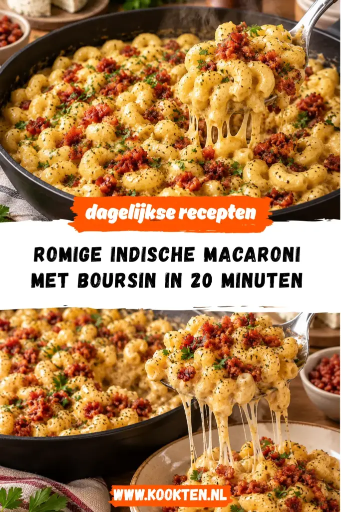 romige Indische macaroni met Boursin en kerrie-spekjes receptfoto van het gerecht
