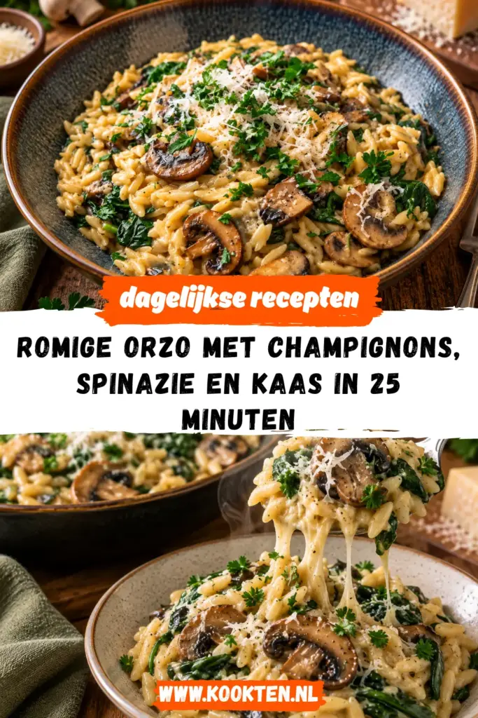 romige orzo met champignons, spinazie en kaas receptfoto van het gerecht