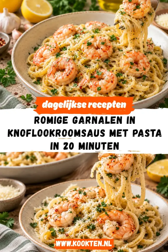 romige garnalen in knoflookroomsaus met pasta receptfoto van het gerecht