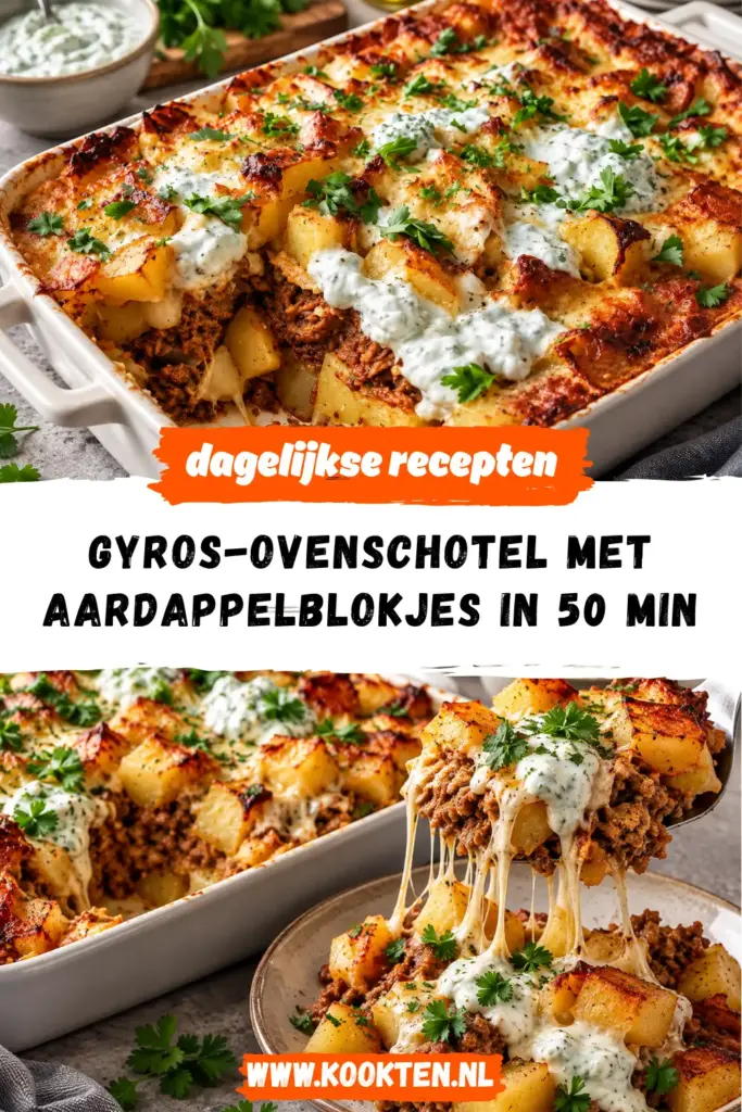gyros-ovenschotel met aardappelblokjes en tzatzikisaus receptfoto van het gerecht