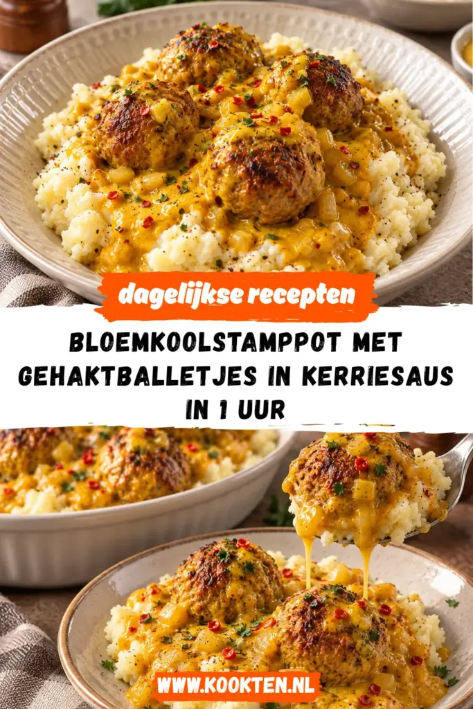 bloemkoolstamppot met gehaktballetjes in kerriesaus receptfoto van het gerecht