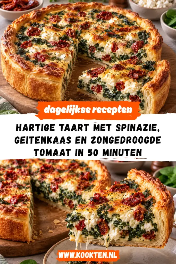 Hartige Taart met Spinazie, Geitenkaas en Zongedroogde Tomaat receptfoto van het gerecht