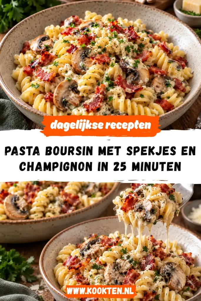 Pasta Boursin met spekjes en champignon receptfoto van het gerecht