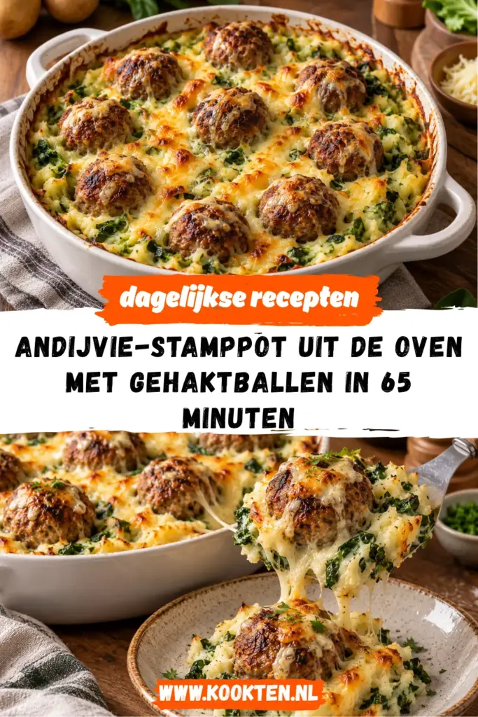 Andijvie-stamppot uit de oven met gehaktballen receptfoto van het gerecht