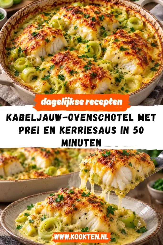 kabeljauw-ovenschotel met prei en kerriesaus receptfoto van het gerecht