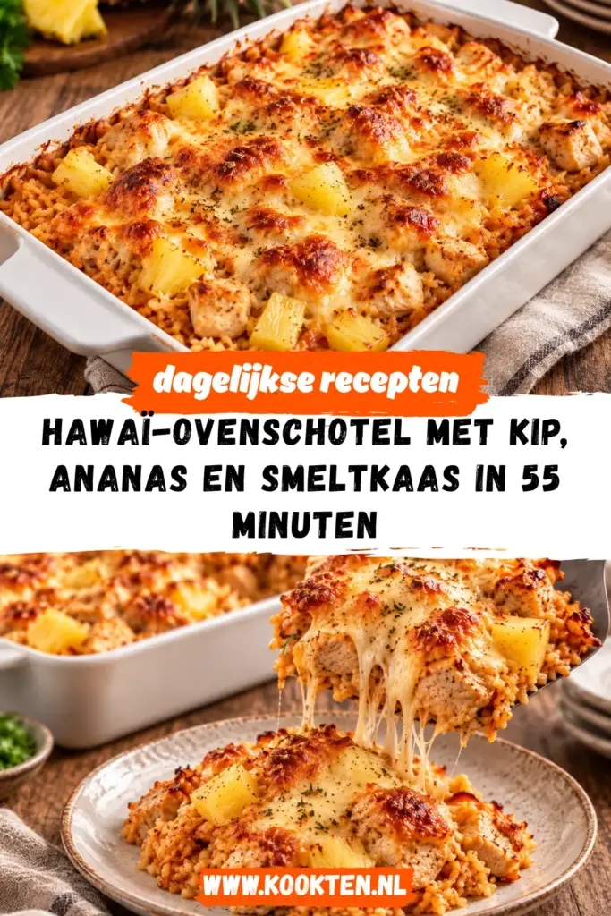 Hawaï-ovenschotel met kip, ananas en smeltkaas receptfoto van het gerecht