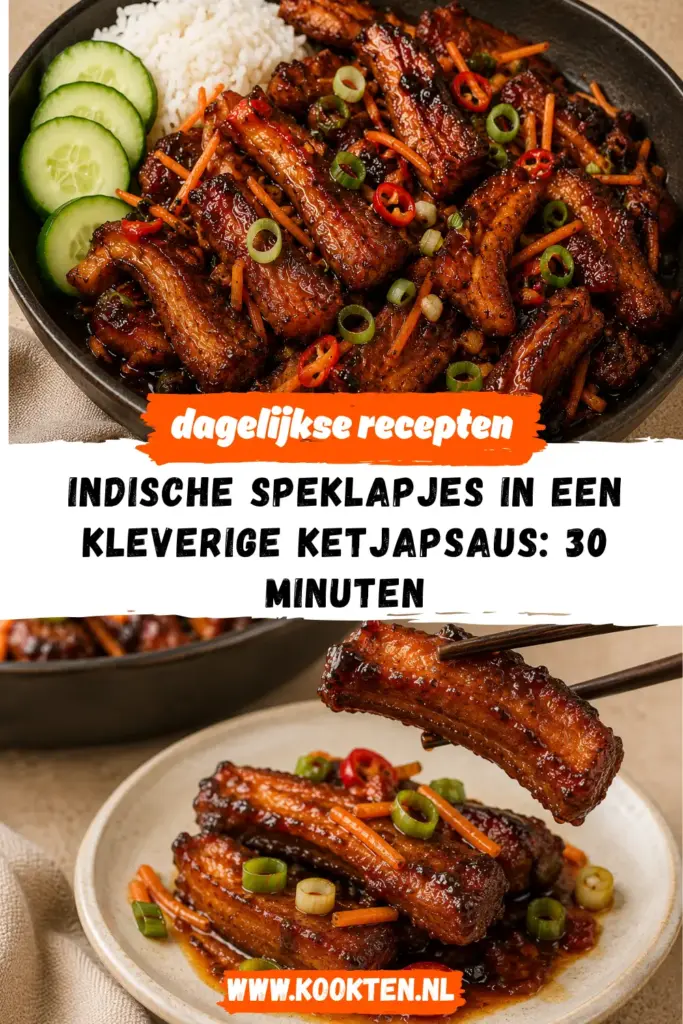 Indische speklapjes in een kleverige ketjapsaus met rijst en komkommer
