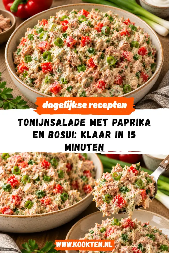 Tonijnsalade met paprika en bosui in een kom