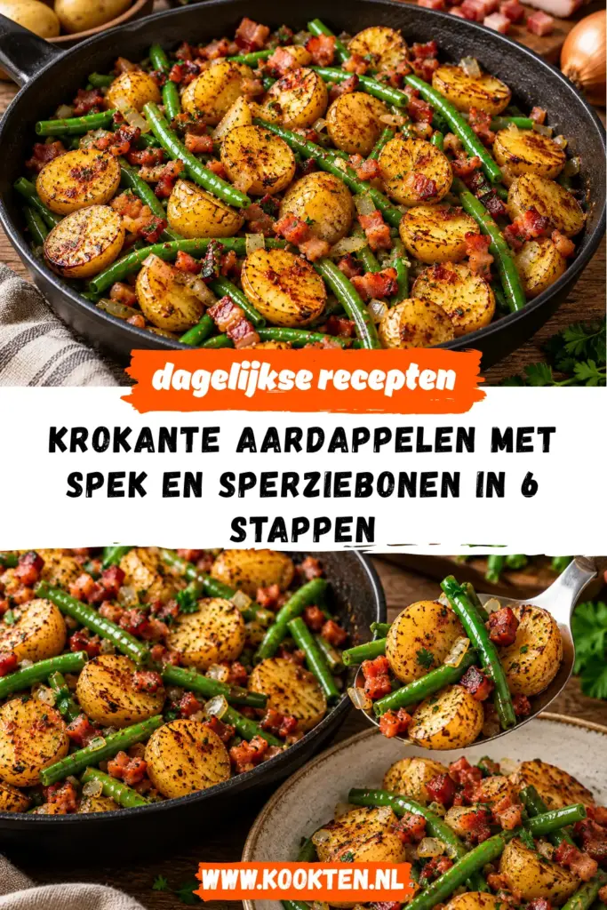 KROKANTE AARDAPPELEN MET SPEK EN SPERZIEBONEN receptfoto van het gerecht