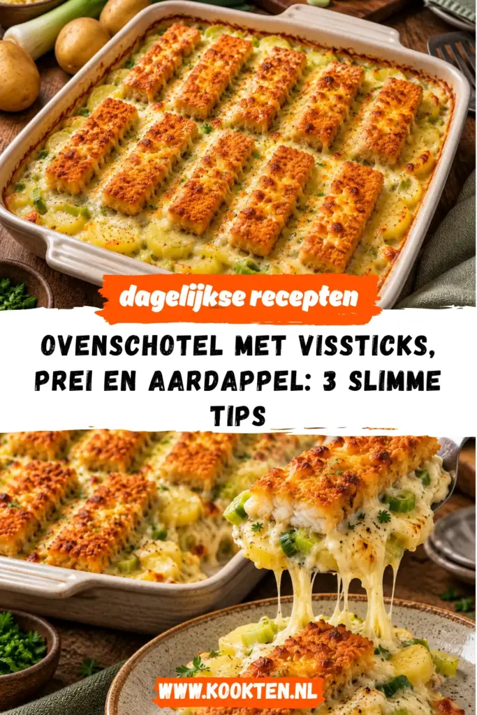 OVENSCHOTEL MET VISSTICKS, PREI EN AARDAPPEL in een ovenschaal
