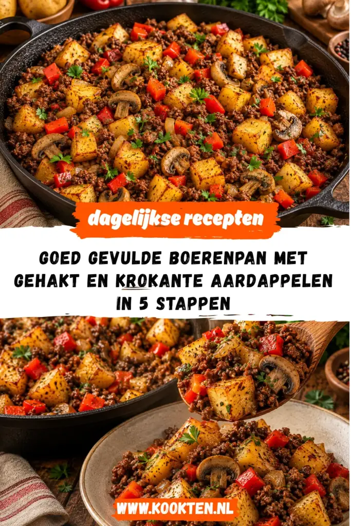 GOED GEVULDE BOERENPAN MET GEHAKT EN KROKANTE AARDAPPELEN receptfoto van het gerecht