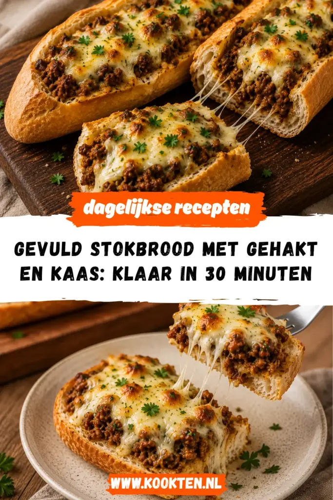 GEVULD STOKBROOD MET GEHAKT EN KAAS op een houten plank