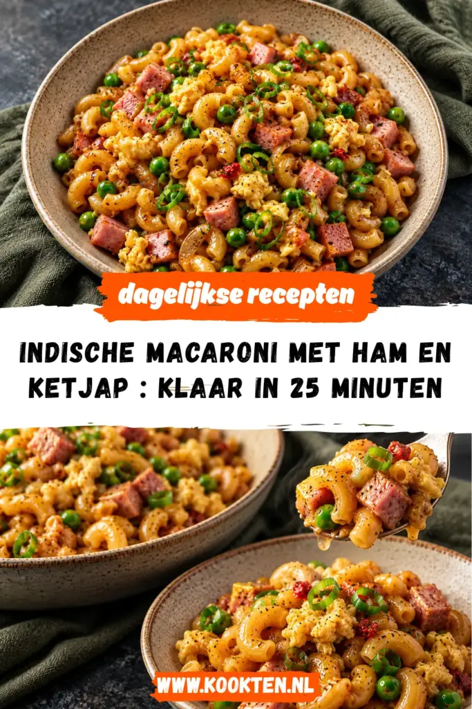 Indische macaroni met ham en ketjap π met doperwten, ei en lente-ui