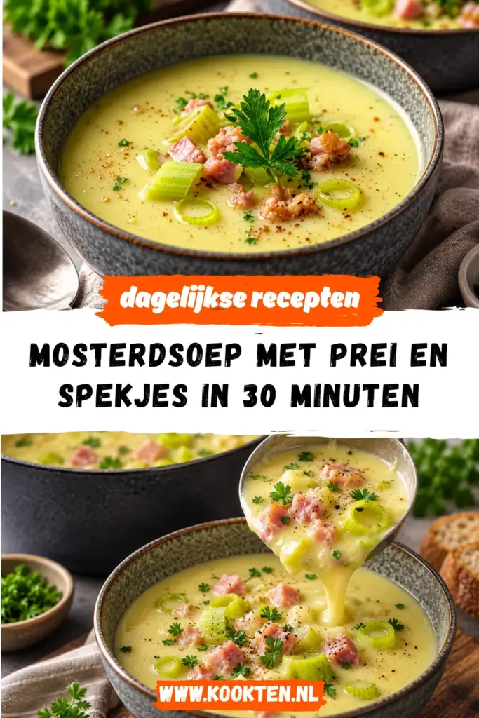 mosterdsoep met prei en spekjes receptfoto van het gerecht