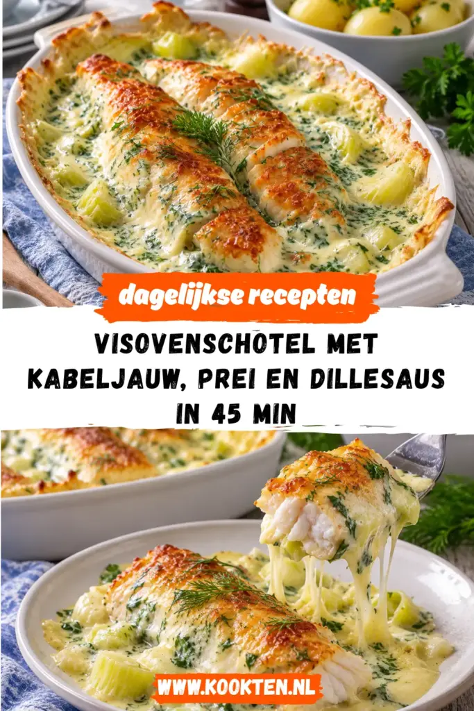 visovenschotel met kabeljauw, prei en dillesaus receptfoto van het gerecht