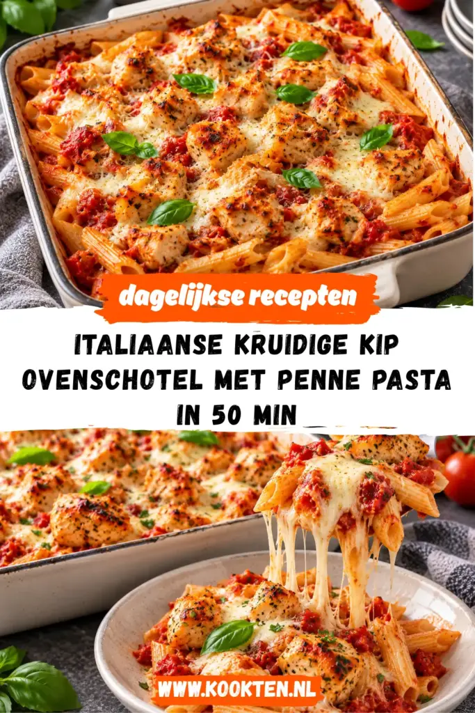 Italiaanse kruidige kip ovenschotel met penne pasta receptfoto van het gerecht