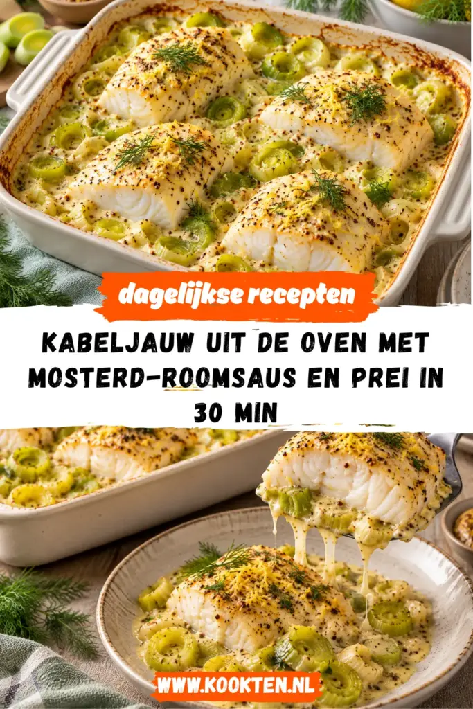kabeljauw uit de oven met mosterd-roomsaus en prei receptfoto van het gerecht