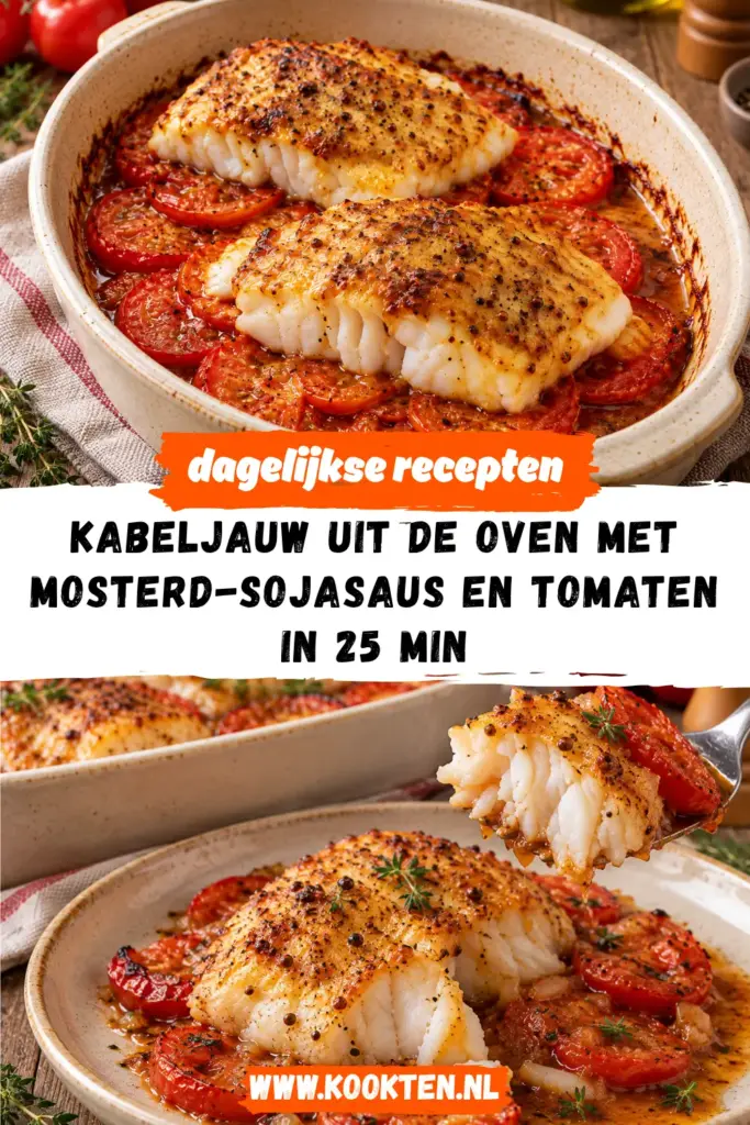 kabeljauw uit de oven met mosterd-sojasaus en tomaten receptfoto van het gerecht