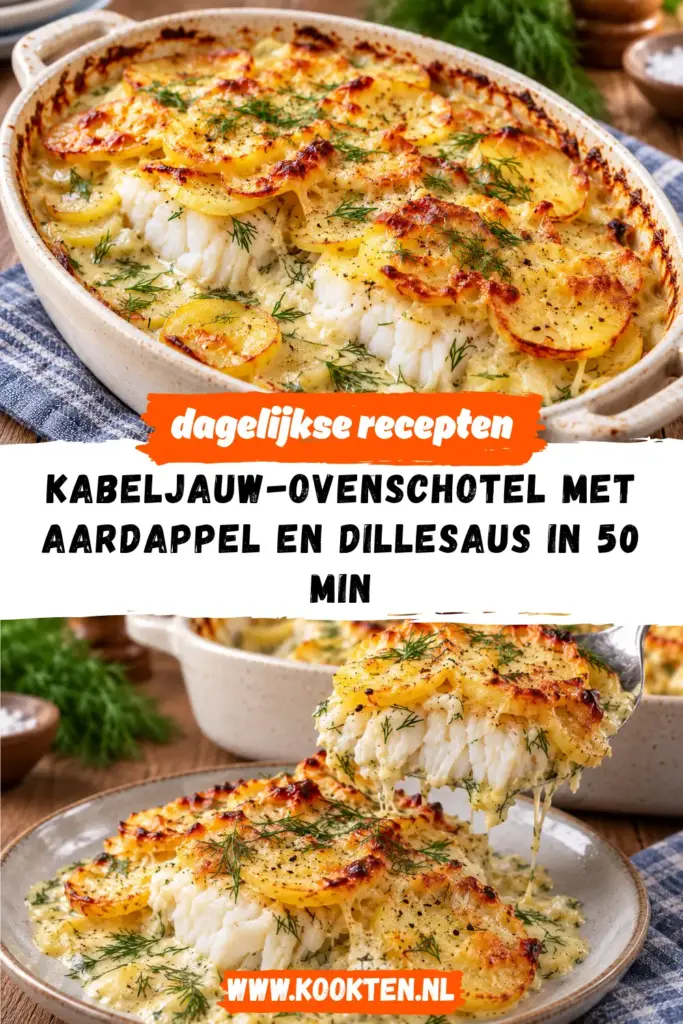 Kabeljauw-ovenschotel met aardappel en romige dillesaus in een ovenschaal