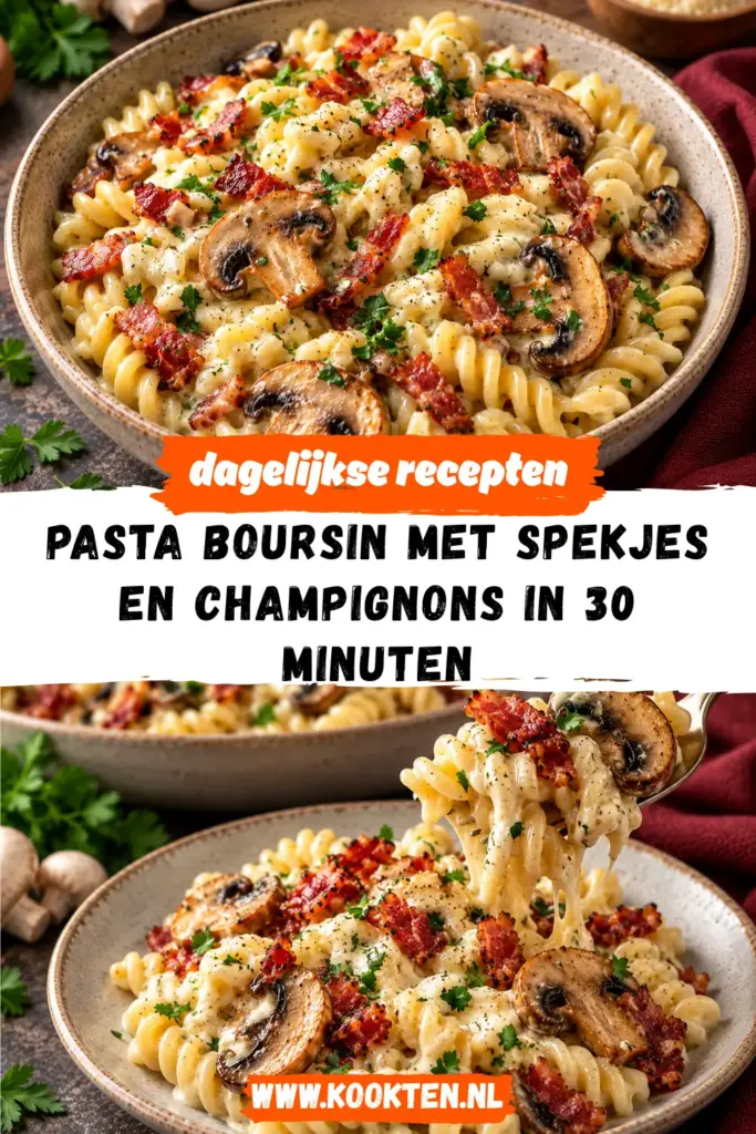 pasta Boursin met spekjes en champignons receptfoto van het gerecht
