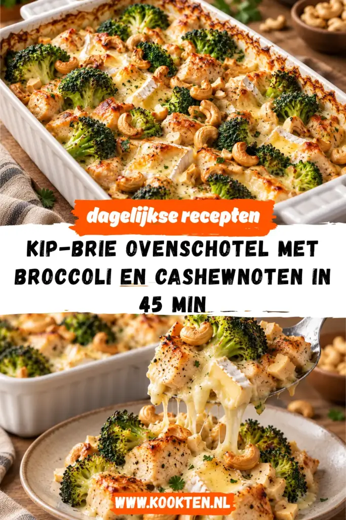 Kip-brie ovenschotel met broccoli en cashewnoten in een ovenschaal
