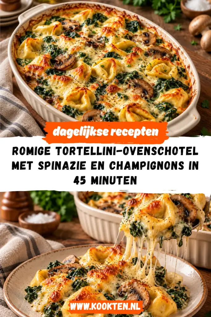 romige tortellini-ovenschotel met spinazie en champignons receptfoto van het gerecht