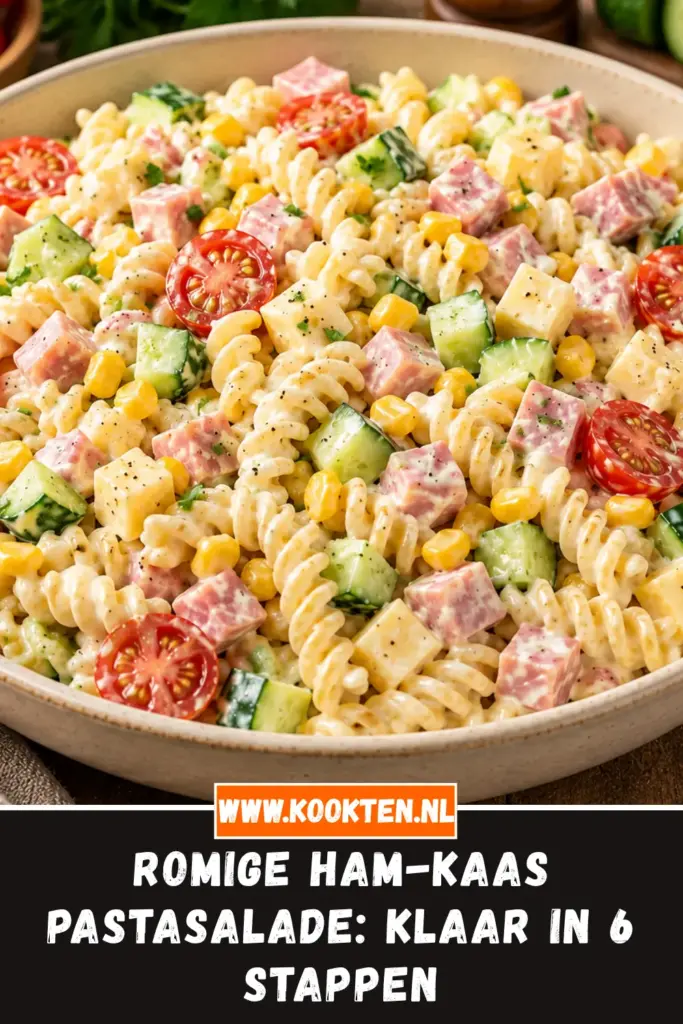ROMIGE HAM-KAAS PASTASALADE van dichtbij op het bord