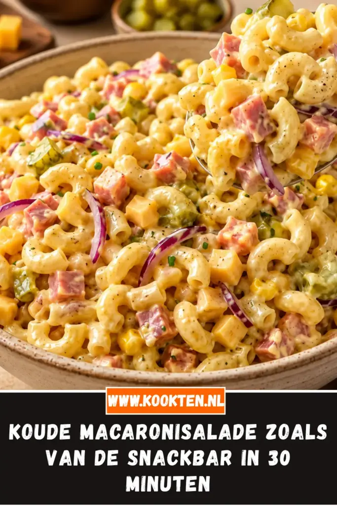 koude macaronisalade zoals van de snackbar van dichtbij op het bord
