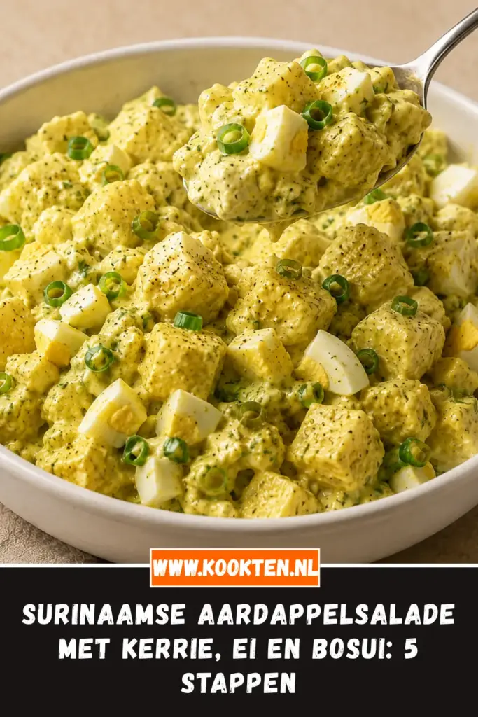 SURINAAMSE AARDAPPELSALADE MET KERRIE, EI EN BOSUI van dichtbij op het bord