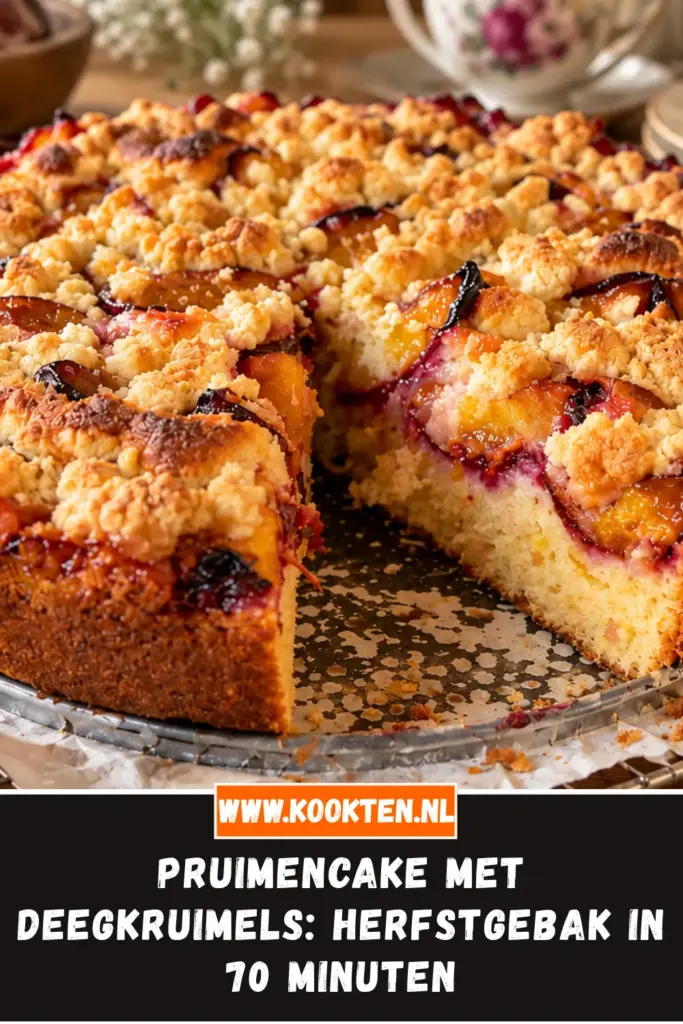 pruimencake met deegkruimels van dichtbij op het bord