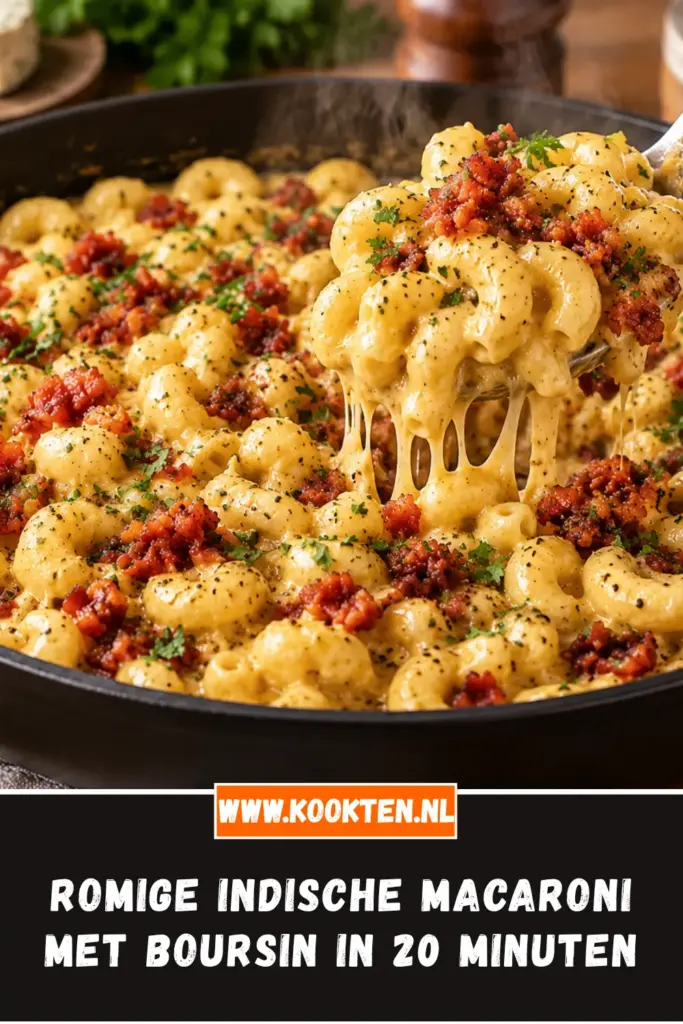 romige Indische macaroni met Boursin en kerrie-spekjes van dichtbij op het bord