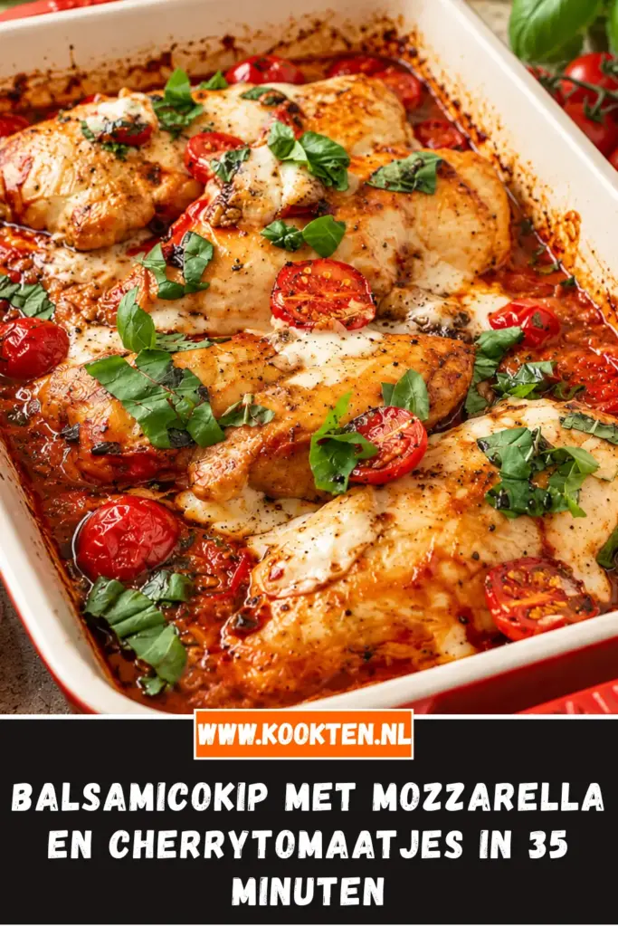 balsamicokip met mozzarella en cherrytomaatjes van dichtbij op het bord