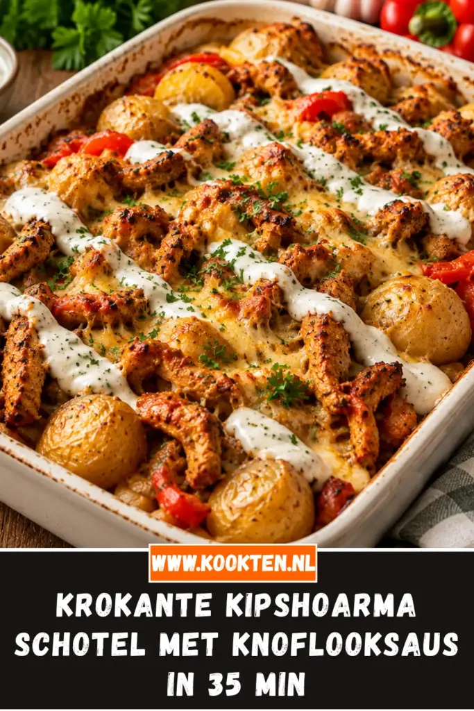 krokante kipshoarma schotel met knoflooksaus van dichtbij op het bord