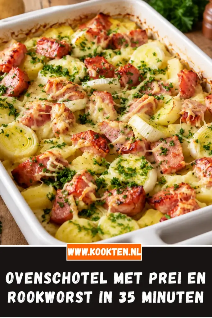 ovenschotel met prei en rookworst van dichtbij op het bord