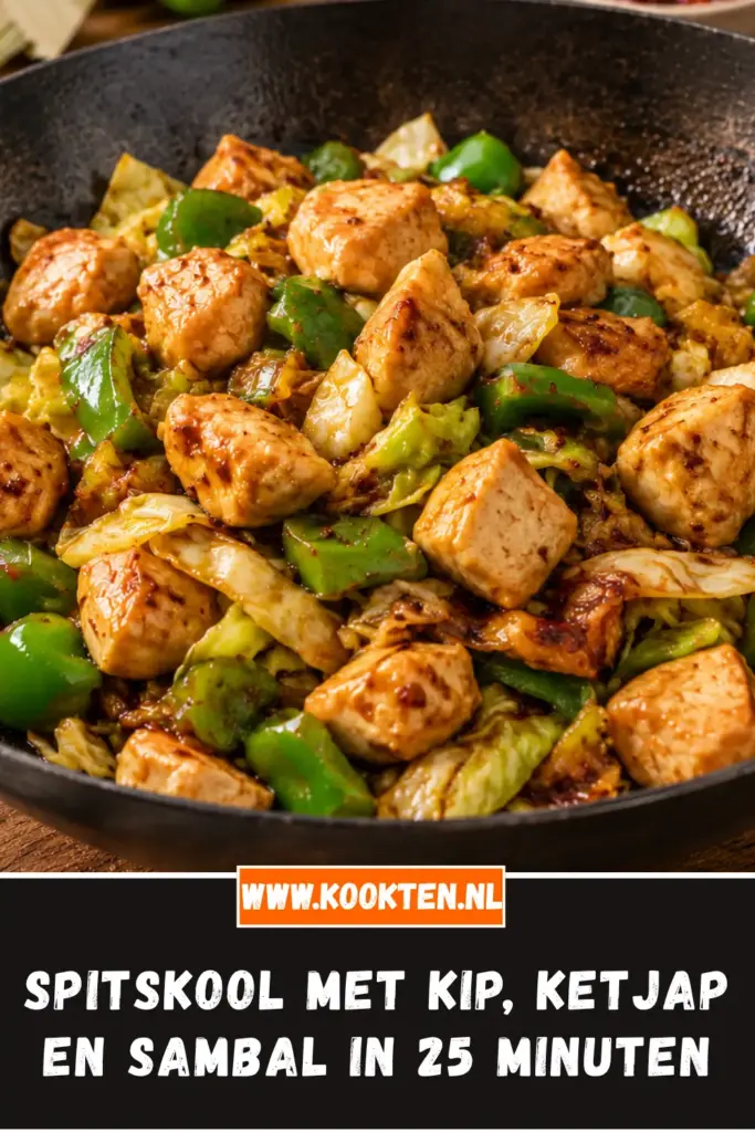 spitskool met kip, ketjap en sambal van dichtbij op het bord