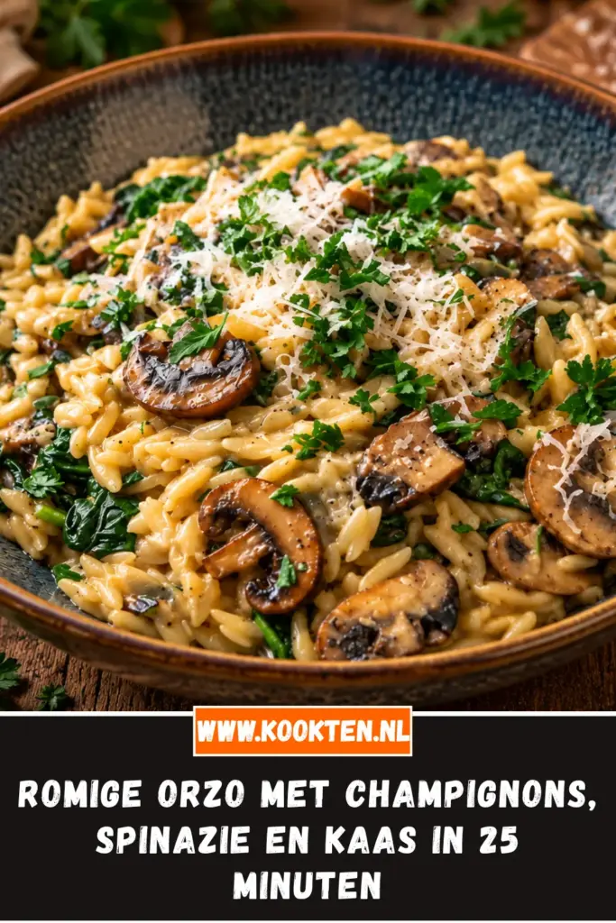 romige orzo met champignons, spinazie en kaas van dichtbij op het bord