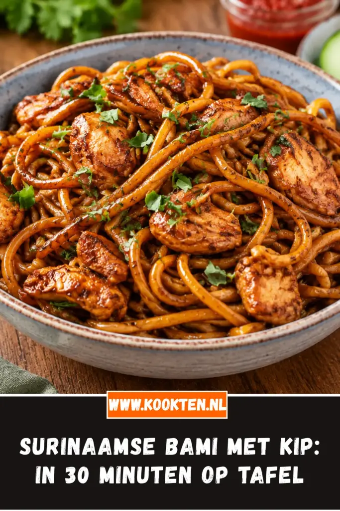 Surinaamse bami met kip van dichtbij op het bord