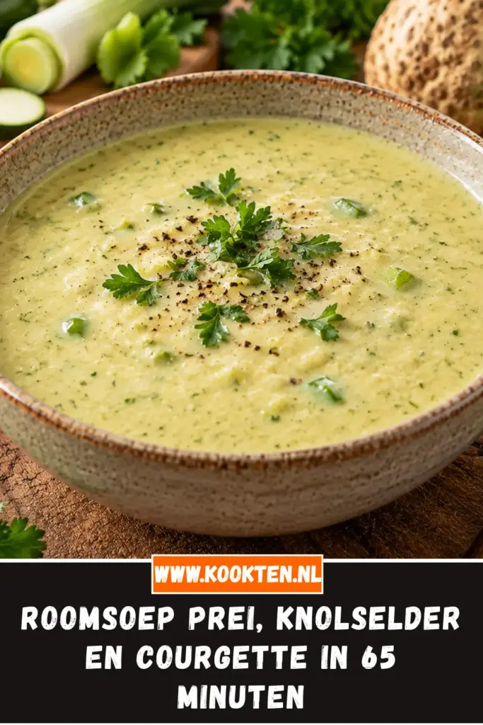 roomsoep prei, knolselder en courgette van dichtbij op het bord